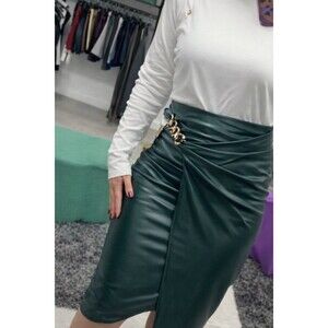 Green Pleather Wrap Skirt Gold Chain Accent High Waist Medium Stretch Boho Italy